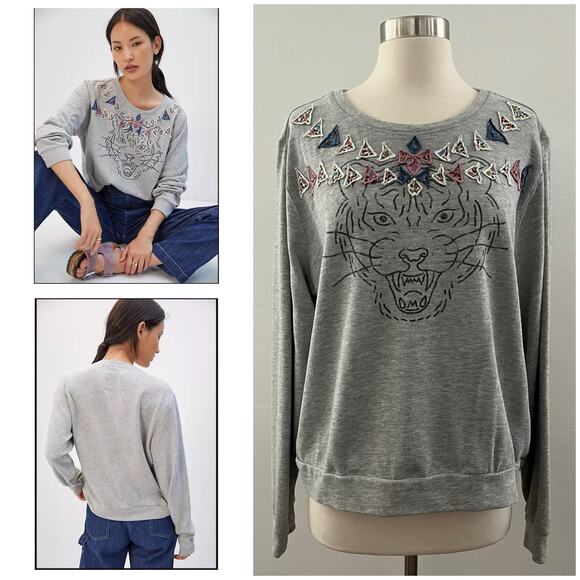 Anthropologie x Luna Mercantile Co Tiger Graphic Sweatshirt Patchwork Gray Small - Picture 1 of 9
